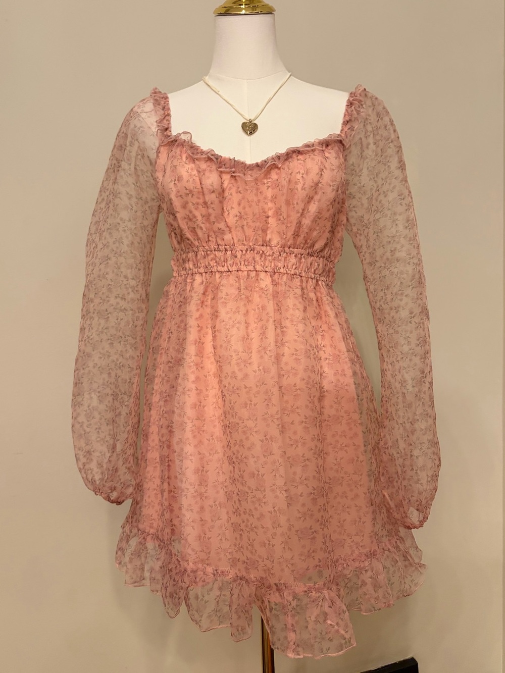 Sheer Pink Floral Square-Neck Mini Dress